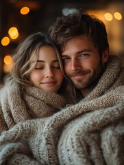 Cozy Couple's Embrace: Intimate Portrait of a Man and Woman Wrapped in a Warm Blanket, Sharing a Moment of Love and Togetherness in Soft, Bokeh-Lit Ambience.