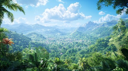Fototapeta premium Lush Green Valley with Mountains and Clear Blue Sky Captured in Bright Sunshine Surrounded by Vibrant Tropical Vegetation