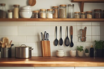 Organized kitchen with wooden shelves, utensils, and cookwares.