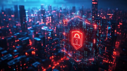 Fototapeta premium Cybersecurity Shield over Digital Cityscape: Protecting Information in the Modern Age with Advanced Technology, Encrypted Networks, and Secure Communication