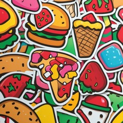 Colorful playful food stickers featuring pizza slices, burgers, and ice cream against a vibrant background. Generative AI