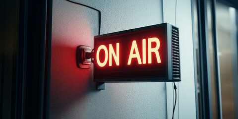Red on air sign illuminating recording studio wall