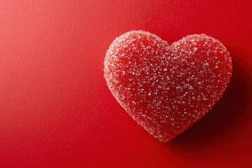 Sugared red heart candy against a textured red background