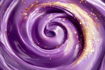 Swirling purple cream with golden glitter close up shot