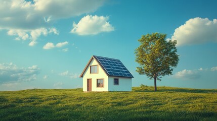 Obraz premium Eco-Friendly Living: A Modern House with Solar Panels on a Hillside Next to a Tree with Clear Blue Skies and Clouds in the Background on a Serene Day.