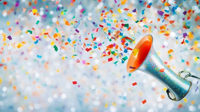 Colorful confetti bursts from a celebratory horn, capturing a joyous moment.