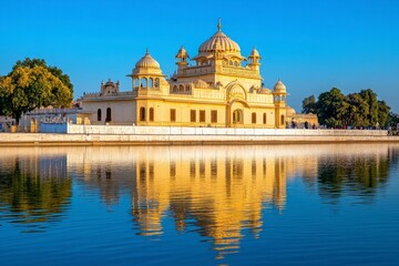 Fototapeta premium Reflective Golden Sandstone Temple by Calm Water Under a Clear Blue Sky