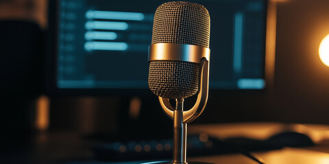 Professional microphone stands ready for recording podcast or audiobook narration