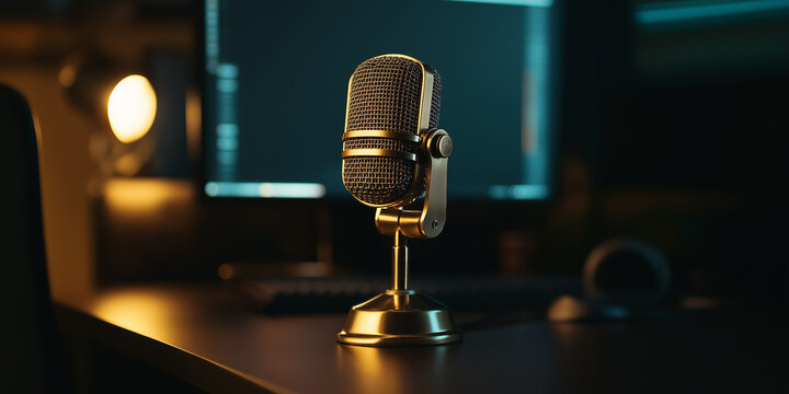Professional microphone on desk recording podcast or audiobook at night