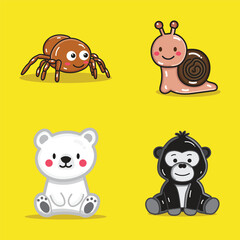 a cute spider, snail, polar bear, and gorilla cartoon illustration for the design element