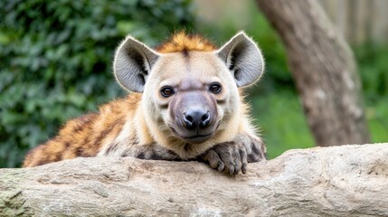 Spotted Hyena resting on rock, zoo enclosure.  Possible use for educational purposes