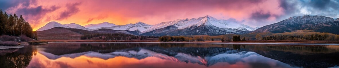 Fototapeta premium Impresionante vista panorámica de un paisaje montañoso al atardecer, con un lago sereno que refleja el follaje vibrante y los picos nevados, celebrando la belleza y la importancia de los bosques en la