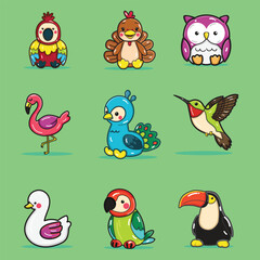 Obraz premium a cute bird illustration set for design elements, parrot, flamingo, owl, hummingbird, peacock, swan, toucan, turkey