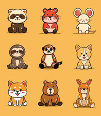 a cute raccoon, hamster, mice, sloth, meerkat, corgy, shiba inu, beaver, and kangaroo illustration or animal set