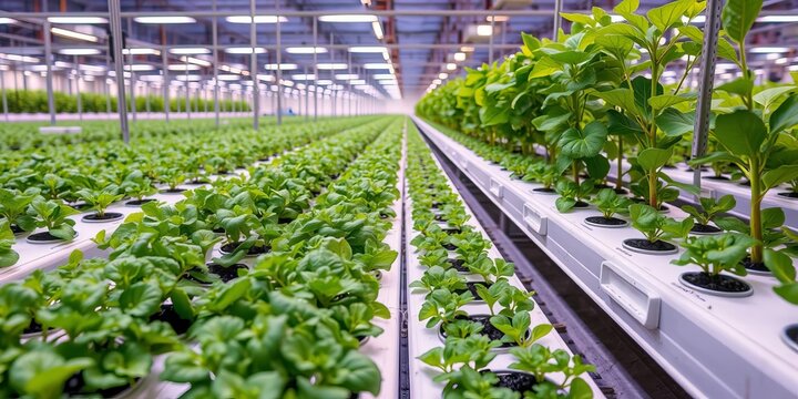 Modern indoor farm with rows of thriving plants being illuminated by artificial lights, greenery, technology, rows