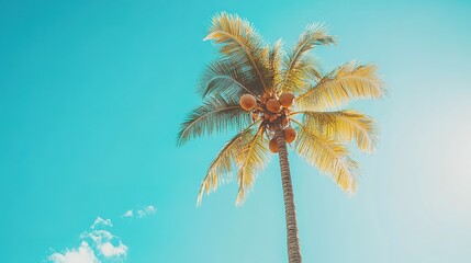 Tall Palm Tree With Coconuts Against A Blue Sky