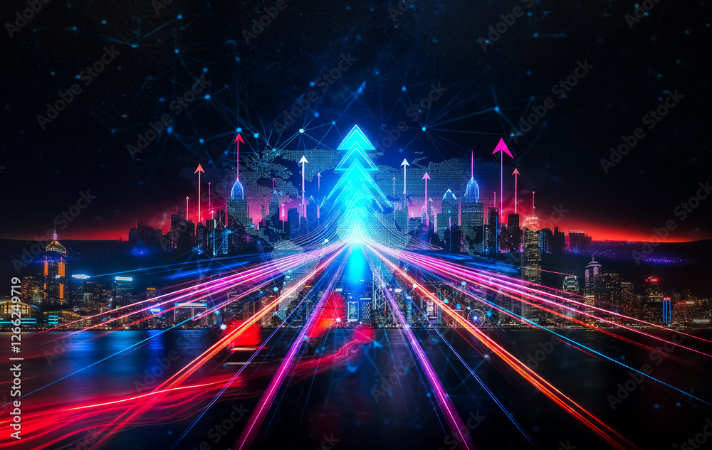 Poster Hong Kong urban growth concept with double exposure effect. Vibrant lines going up symbolize progress and future in a digital cityscape.