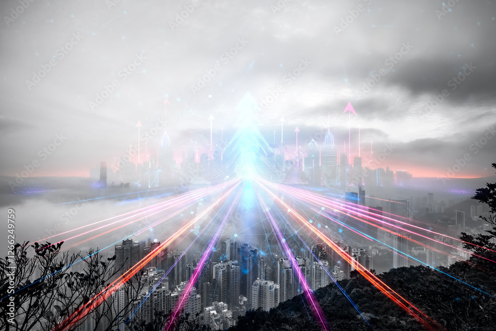 Poster hong kong concept, double exposure image. vibrant lines grow up from the city, extending to the sky,
