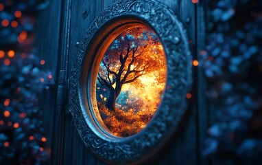 A closeup of a keyhole on a metallic door, peering into a fantastical mindscape of glowing trees, swirling colors, and floating memories, photorealistic, highresolution