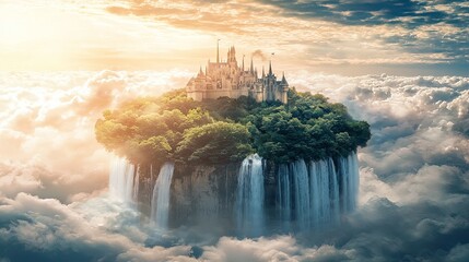 Naklejka premium Enchanted Floating Castle Surrounded by Lush Greenery and Waterfalls
