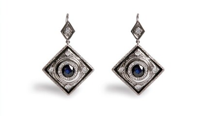 Square Sapphire and Diamond Earrings on White Background