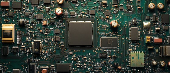An intricate digital circuit board with processors, microchips, and electronic components, highlighting the fine engineering and design of modern technological advancements