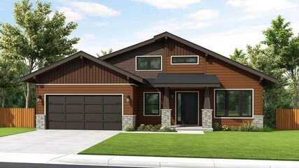 Fototapeta premium Modern new construction home exterior with low slope roof, brown siding, and a sleek glass garage door, design, residential, exterior