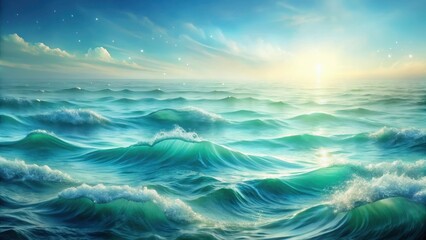 Fototapeta premium Ocean waves at sunrise, a serene and tranquil seascape with a vibrant teal hue, reflecting the golden light, peaceful atmosphere, and a celestial sky