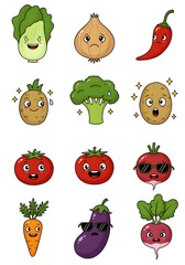 Nine Cute Cartoon Vegetables with Different Emotions