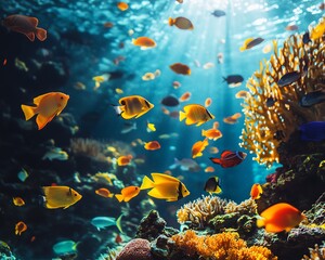 Fototapeta premium A lively underwater scene with various species of colorful fish swimming around coral reefs, illustrating the beauty and richness of the oceans wildlife
