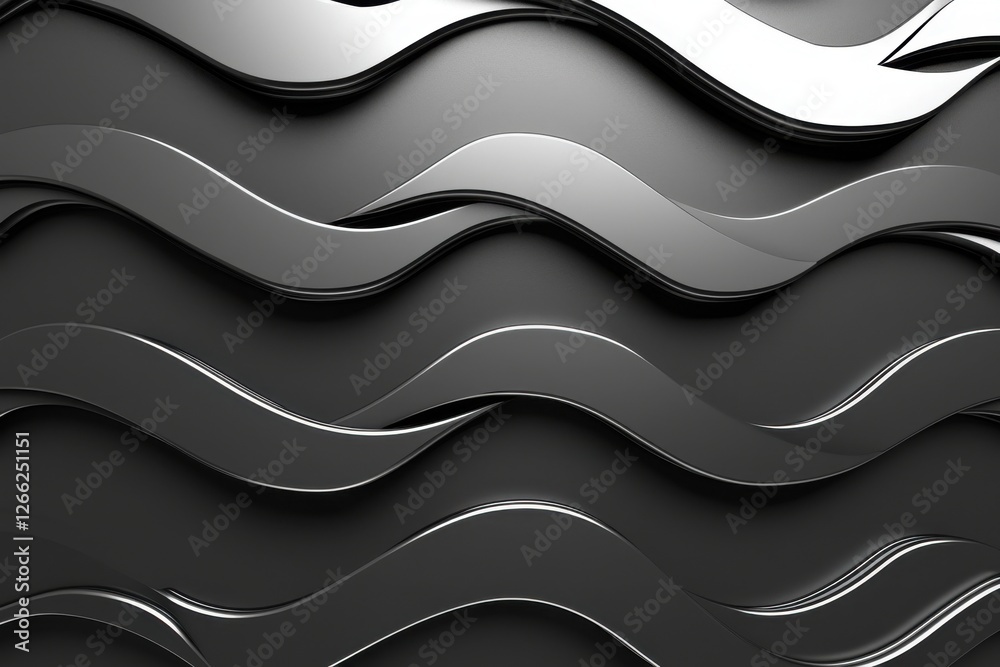 Wall mural abstract black waves in smooth flowing pattern on metallic surface