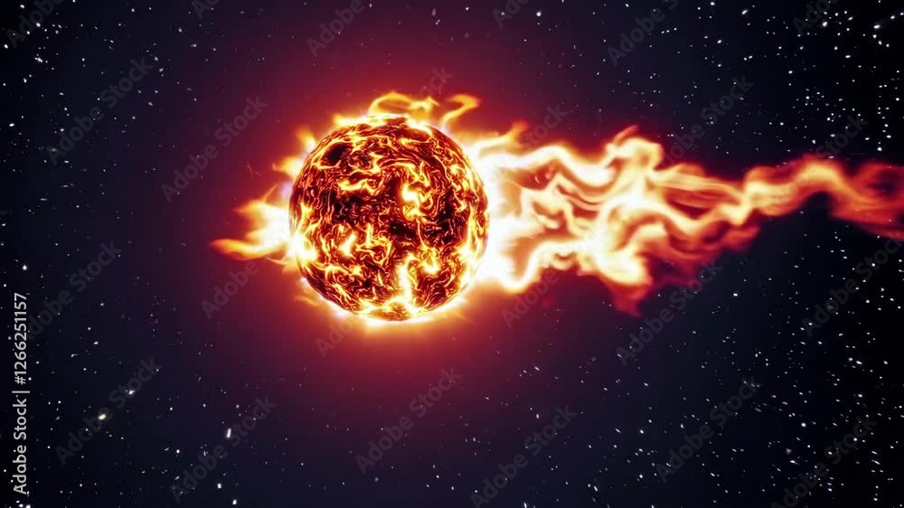 Poster Fiery meteor in space with starry background, cosmic phenomenon concept
