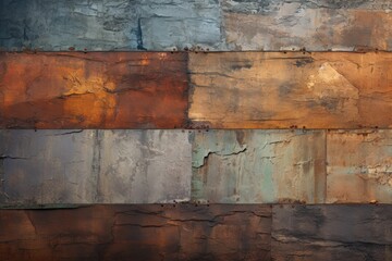 Fototapeta premium Detailed View of Old Rusty Metal Sheets Nailed Together with Colorful Patina and Textures for Artistic Backgrounds and Industrial Themes