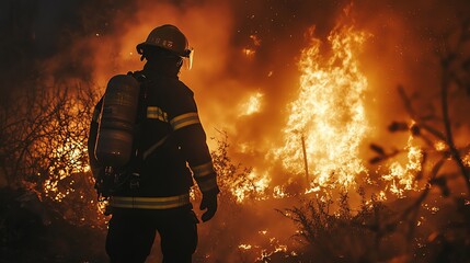 A fireman battling a fierce blaze, wearing protective gear and helmet, as he works to extinguish flames and save lives in a lifethreatening situation