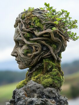 Mystical earth mother sculpture with moss and tree roots, weathered and serene, Generated AI
