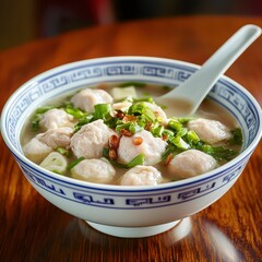 Meatball Soup with Green Onions in White Bowl
