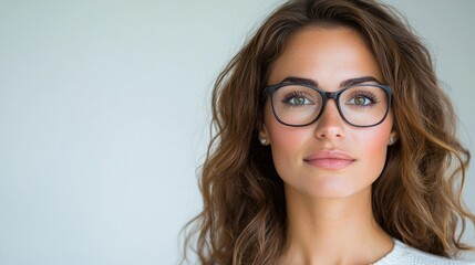 Obraz premium Woman with glasses in front of a white background. Possible use stock photo for website and marketing campaigns