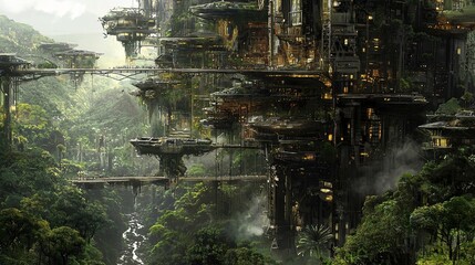 Futuristic Eco-City Overgrown with Lush Greenery and Natural Vistas