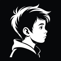 Black and White Cameo Portrait of a Young Boy.  Stylized Vector Illustration of a Boy in Side View.  High-Contrast Black and White Detailed Hair and Body Art of a Boy’s  Face Profile.