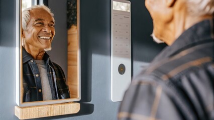 An elderly man smiling as he interacts with a smart mirror which shows personalized reminders for medication and hydration capturing his sense of accomplishment in managing his