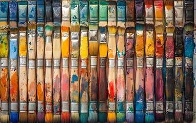 Horizontal arrangement of paintbrushes and palettes, including new and wellused brushes with colorful paint stains, and palettes showcasing a vibrant spectrum of paint colors