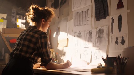A sideangle perspective of the designer deeply focused on sketching with sunlight streaming through a window illuminating the delicate lines of flowing fabrics on the page and an assortment
