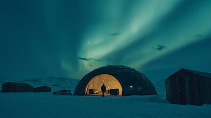 Northern Lights Over Geodesic Dome in Winter Landscape at Night