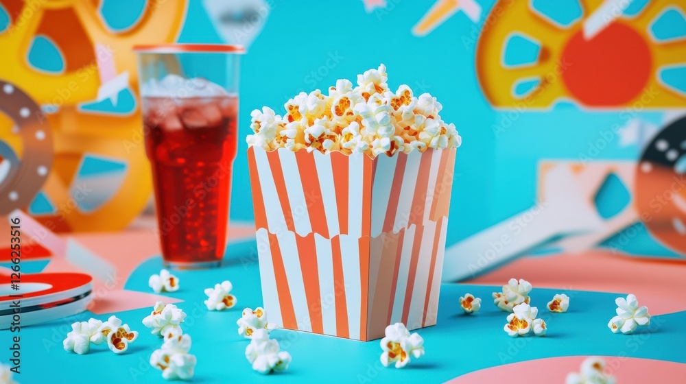 Aufkleber brightly colored snack table with popcorn and a drink at a movie themed gathering in a playful atmos