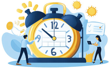 Business people managing time with large clock, illustrating productivity and organization in digital workspace. scene conveys sense of urgency and efficiency