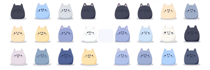 Cute cartoon cats in various colors and expressions, arranged in playful grid. These adorable characters evoke joy and charm, perfect for stickers or illustrations