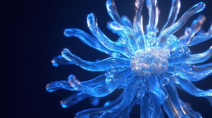 Glowing blue abstract flower, dark background, digital art, science, design