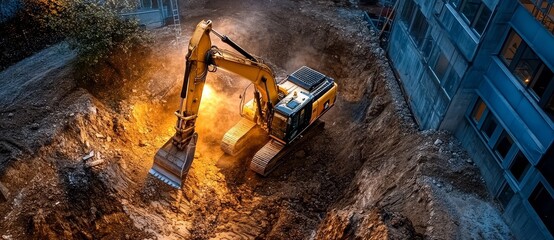 Fototapeta premium Bright yellow construction excavator operating on a building site.