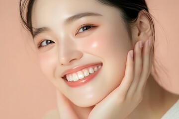 Obraz premium Portrait of an attractive Korean woman with glowing skin and a warm smile. 