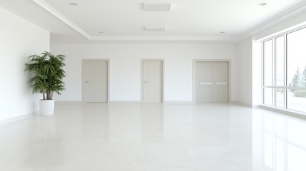 Obraz premium Modern office hallway, three doors, plant, window view